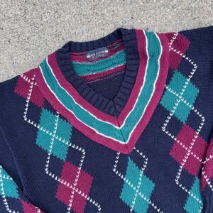 Vintage New River Argyle V Neck Sweater Men's Size L Navy Green Burgundy Classic